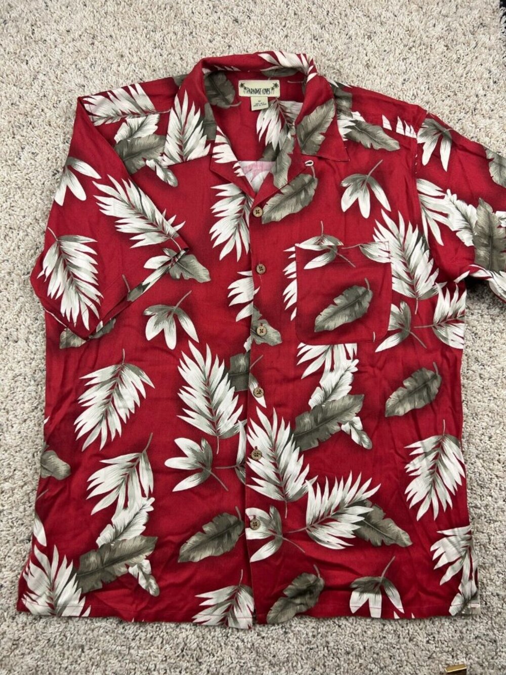 Paradise Coves Silk Shirt Red Short Sleeve Button Up Floral Men's Size M Medium